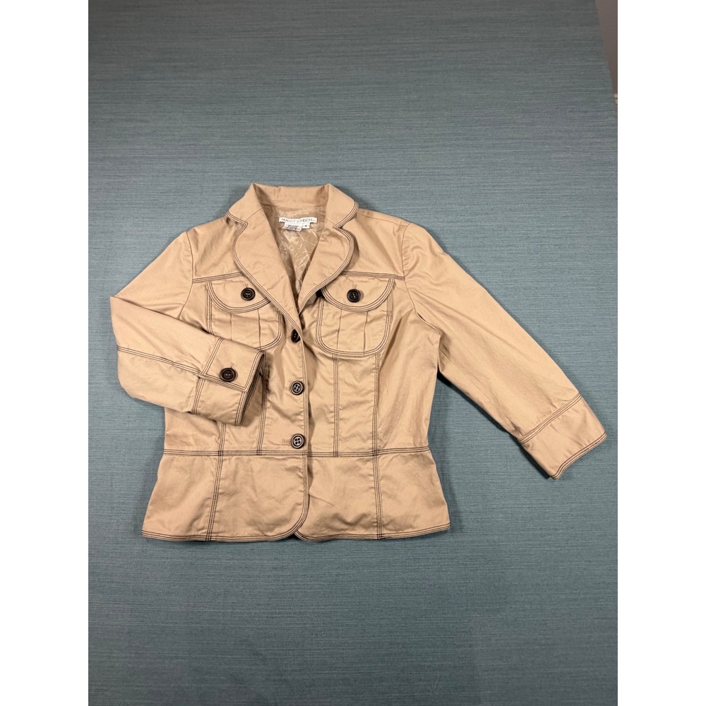 Maggy London Womens Tan Contrast Stitch 3/4 Sleeve Cotton Blazer Jacket Size 8